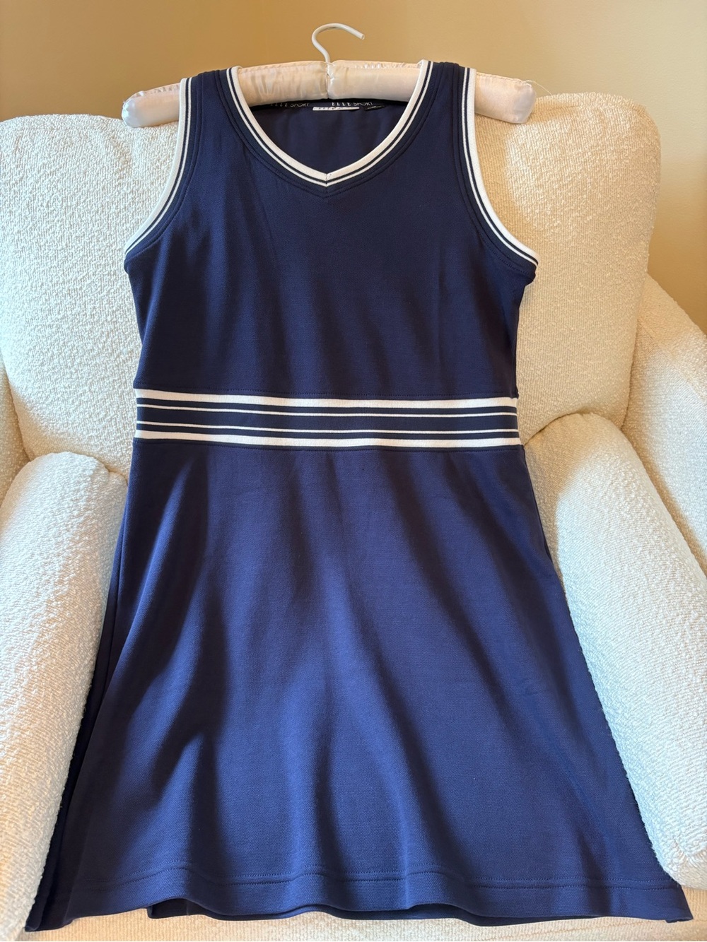 Elle Sport - Navy Sleeveless A-Line Golf Dress with White Stripe Detail- medium